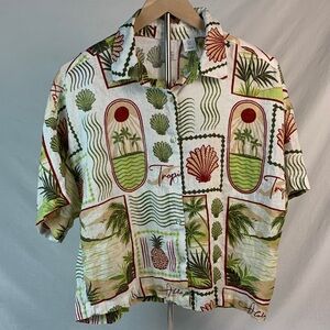C&C California Tropical Linen Button Up Shirt Ivory Size L